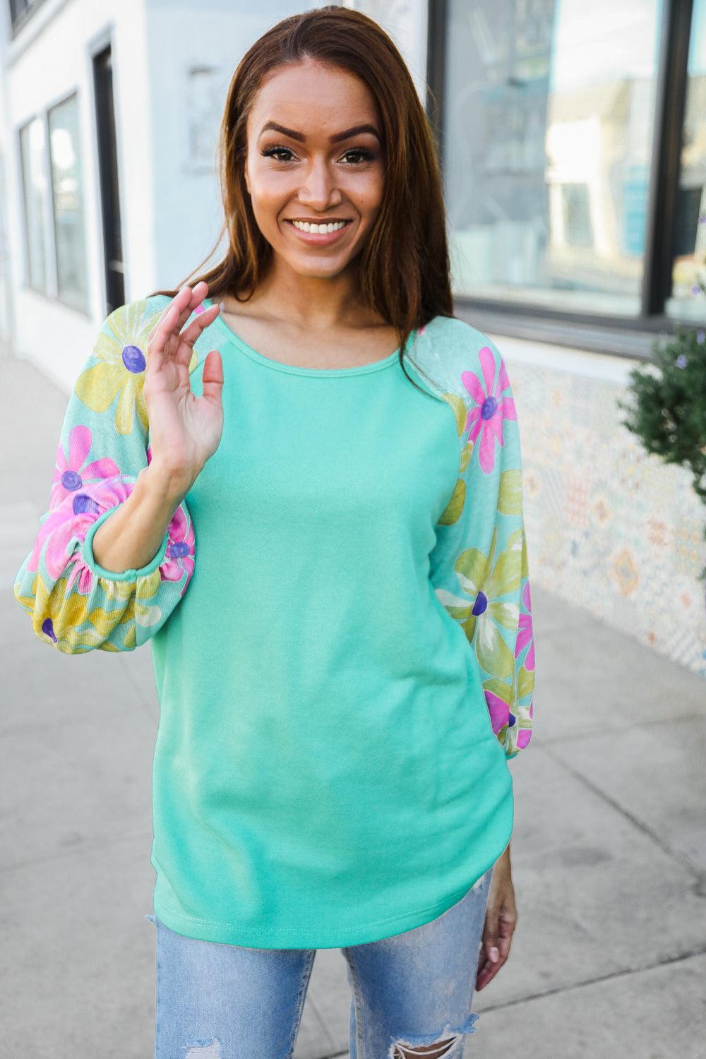 Mint French Terry Floral Pullover – Colorblock, Cozy & Stylish, [Evelyns Fashion]