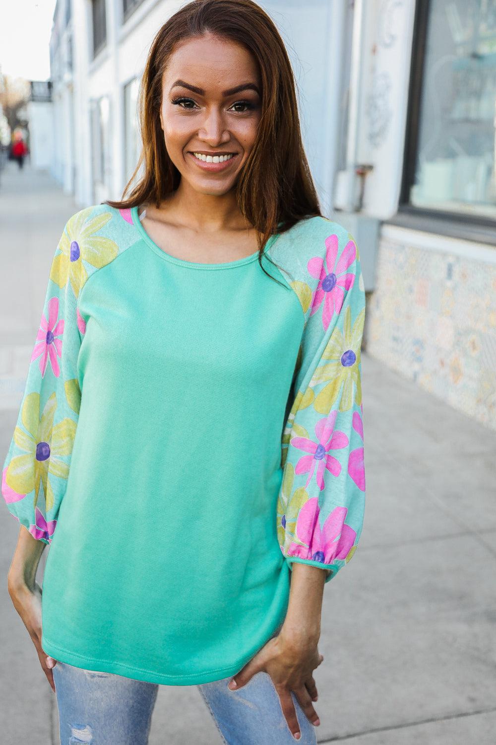 Mint French Terry Floral Pullover – Colorblock, Cozy & Stylish, [Evelyns Fashion]