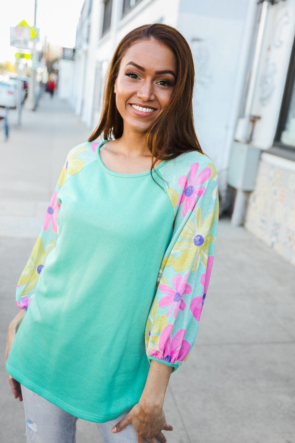 Mint French Terry Floral Pullover – Colorblock, Cozy & Stylish, [Evelyns Fashion]