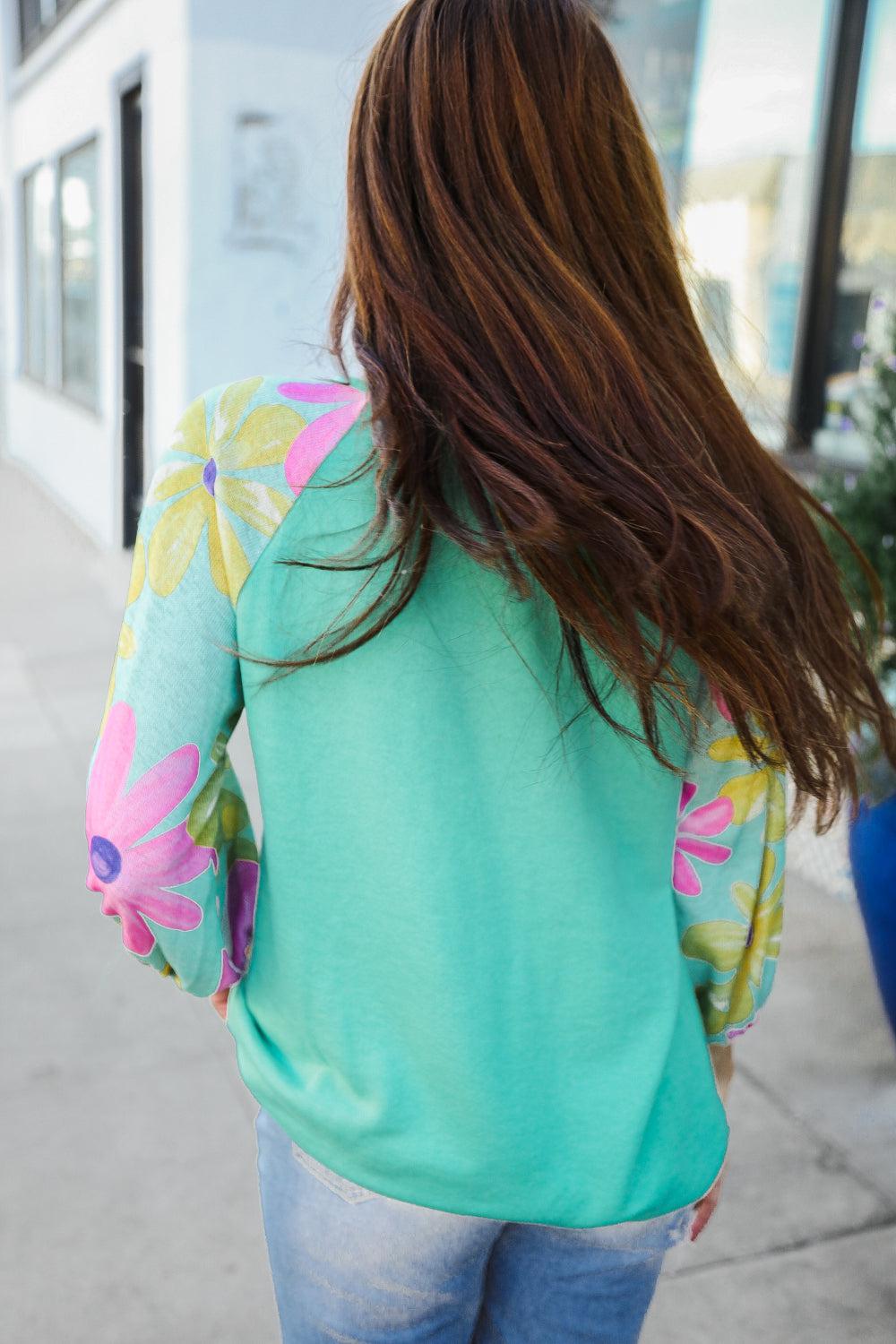 Mint French Terry Floral Pullover – Colorblock, Cozy & Stylish, [Evelyns Fashion]