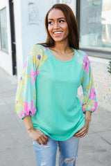 Mint French Terry Floral Pullover – Colorblock, Cozy & Stylish, [Evelyns Fashion]