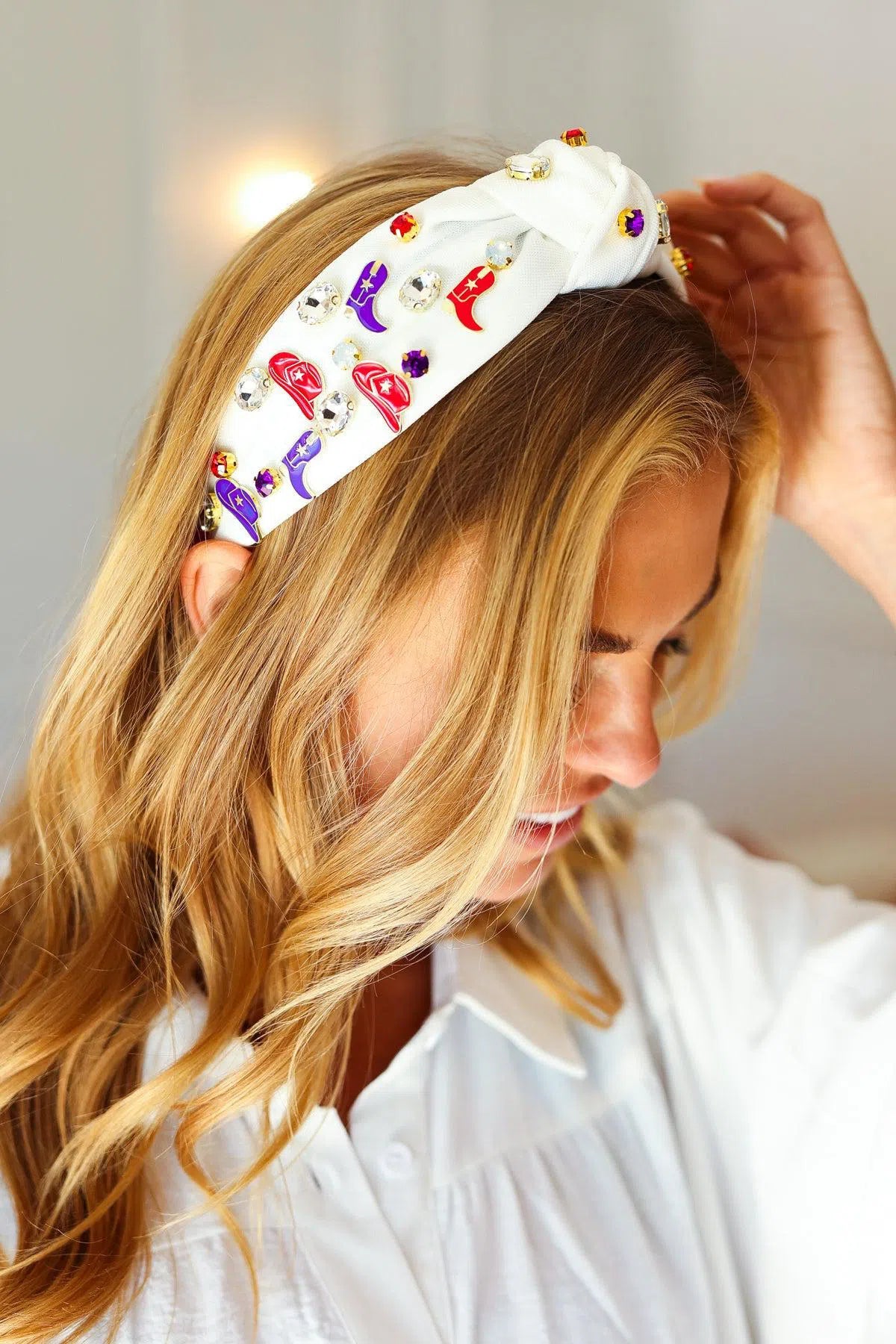 Red, White & Blue Gem Cowboy Embellished Top Knot Headband, [Evelyns Fashion]