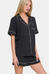 Relax in Zenana Button-Down Short Sleeve Top & Shorts – Cozy Loungewear, [Evelyns Fashion]