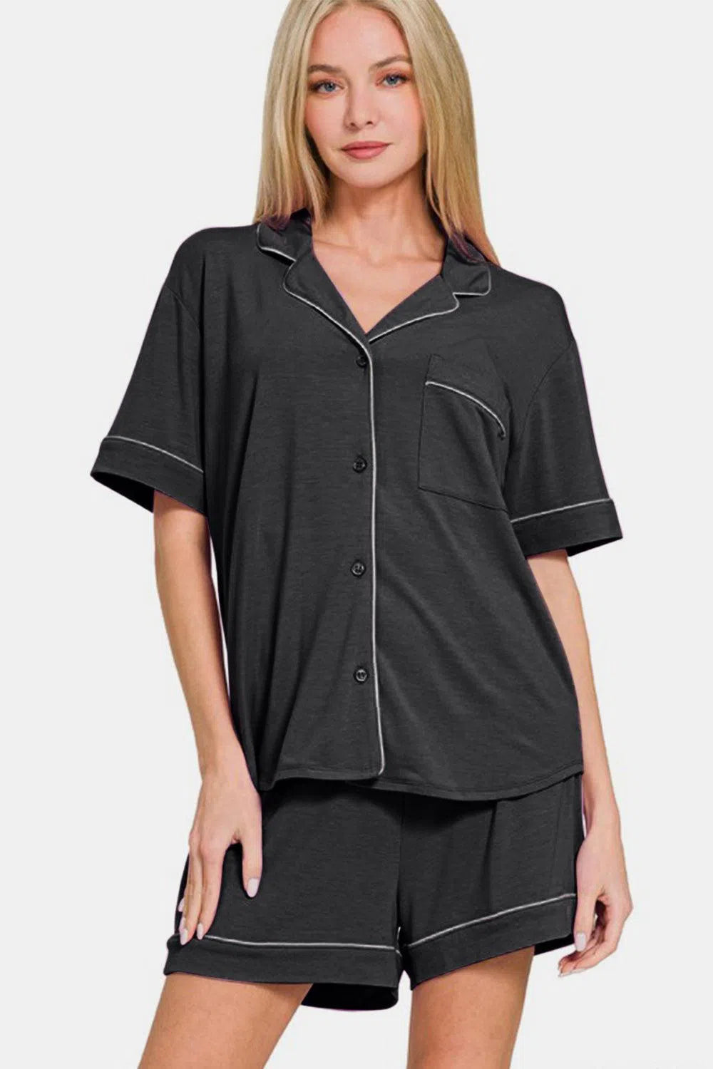 Relax in Zenana Button-Down Short Sleeve Top & Shorts – Cozy Loungewear, [Evelyns Fashion]