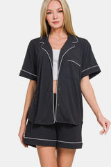 Relax in Zenana Button-Down Short Sleeve Top & Shorts – Cozy Loungewear, [Evelyns Fashion]