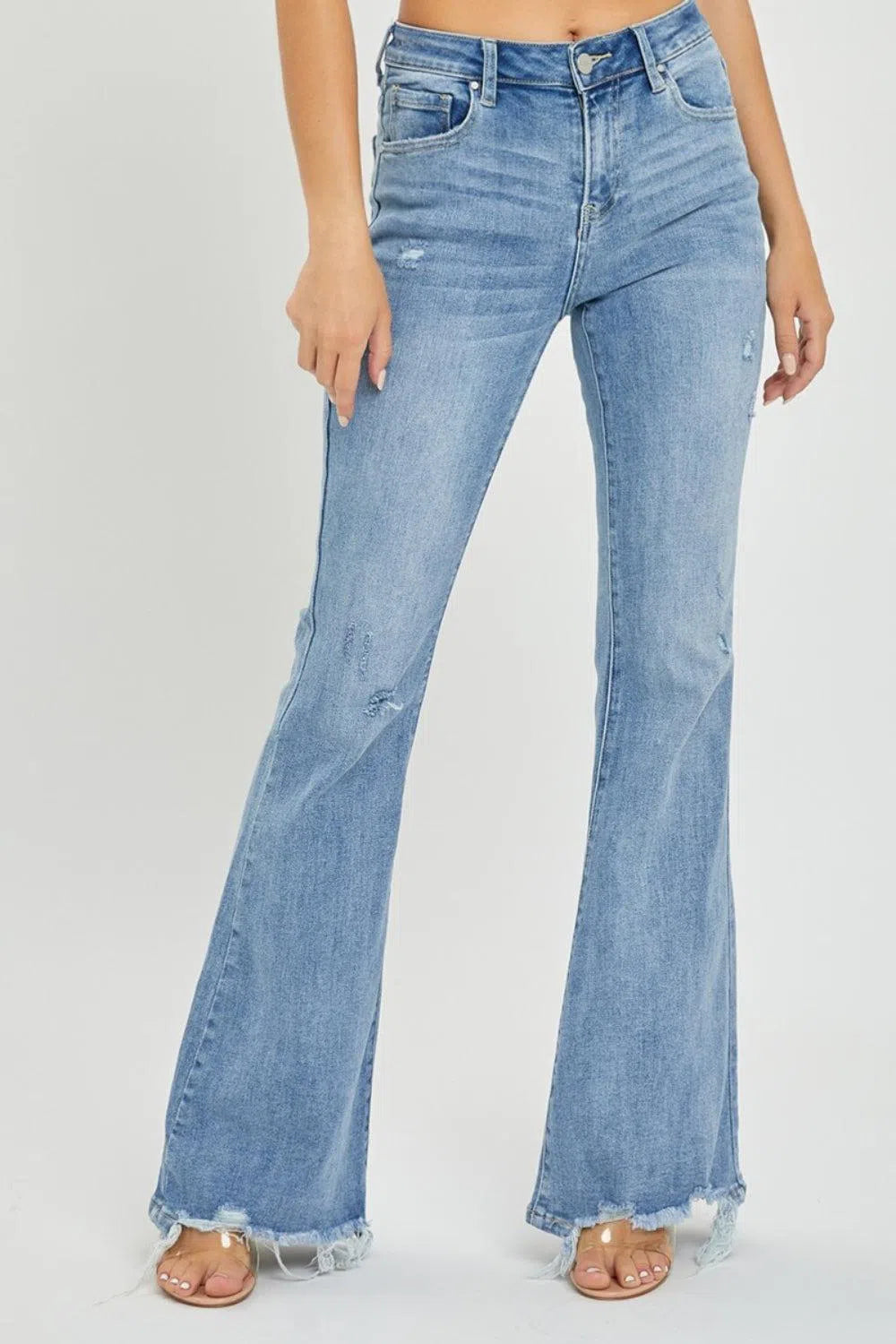 High Rise Cut Hem Flare Jeans – Flattering & Stylish Denim, [Evelyns Fashion]