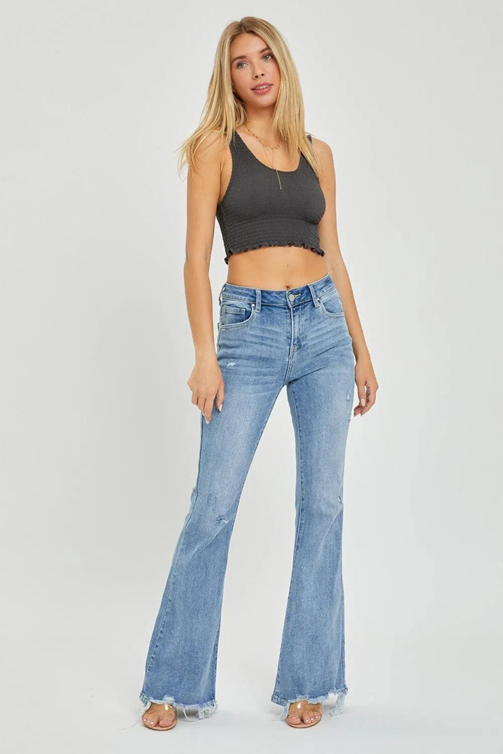 High Rise Cut Hem Flare Jeans – Flattering & Stylish Denim, [Evelyns Fashion]