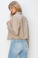 RISEN Plus Size Cropped Denim Jacket – Trendy Raw Hem Button-Up Jean Jacket, [Evelyns Fashion]