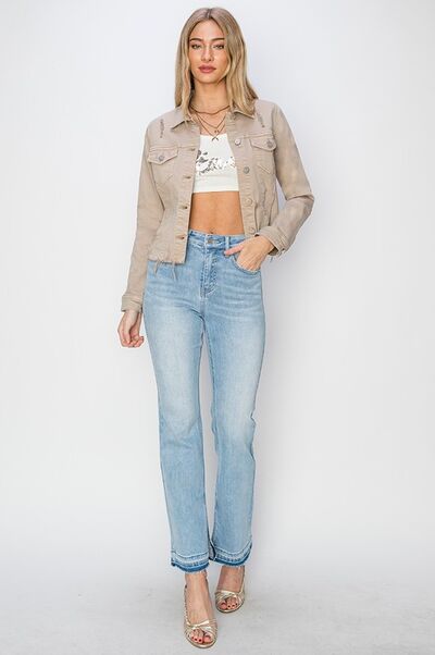 RISEN Plus Size Cropped Denim Jacket – Trendy Raw Hem Button-Up Jean Jacket, [Evelyns Fashion]