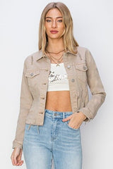 RISEN Plus Size Cropped Denim Jacket – Trendy Raw Hem Button-Up Jean Jacket, [Evelyns Fashion]