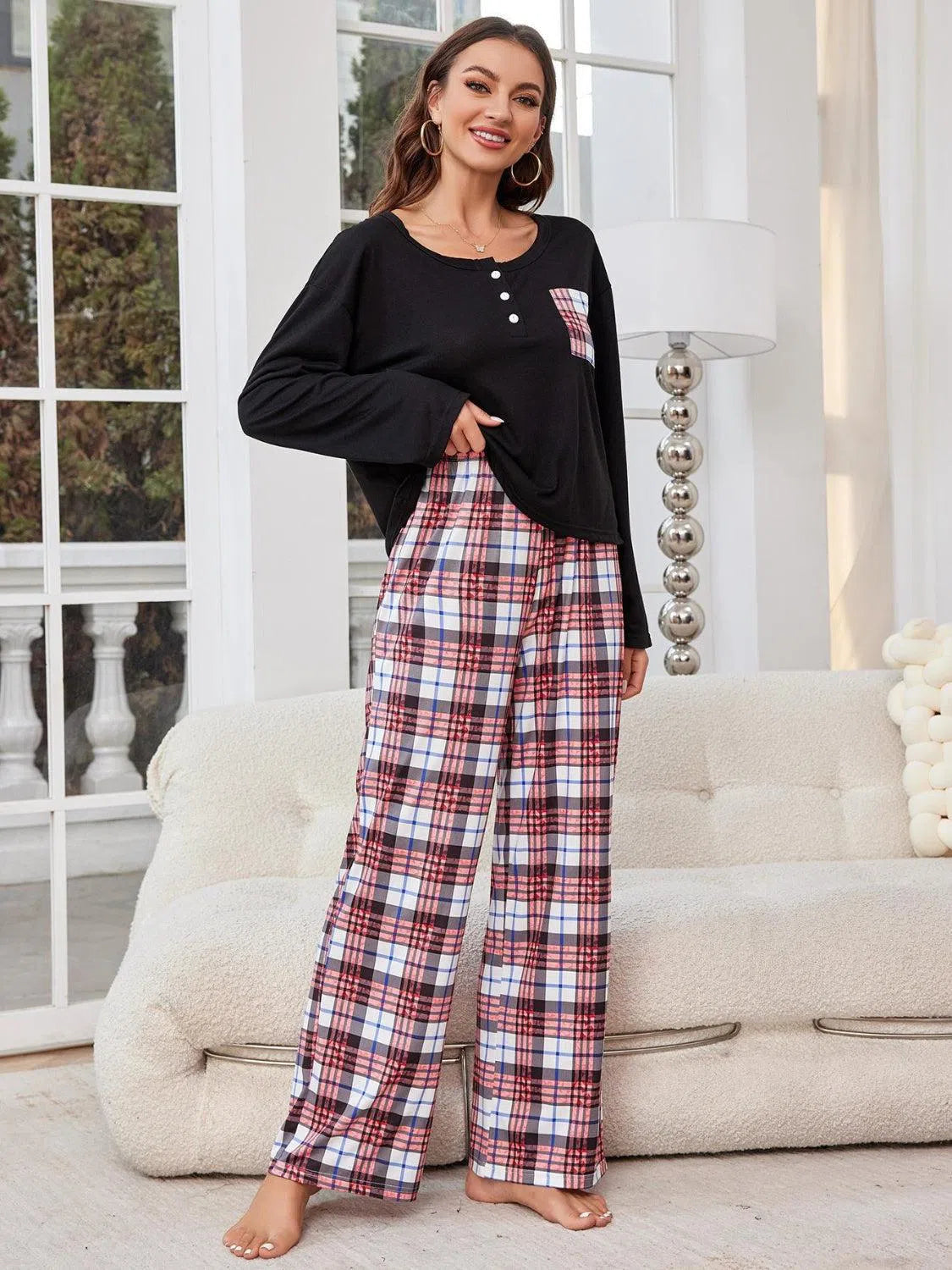 Round Neck Long Sleeve Lounge Set – Cozy & Stylish Plaid Pajamas, [Evelyns Fashion]