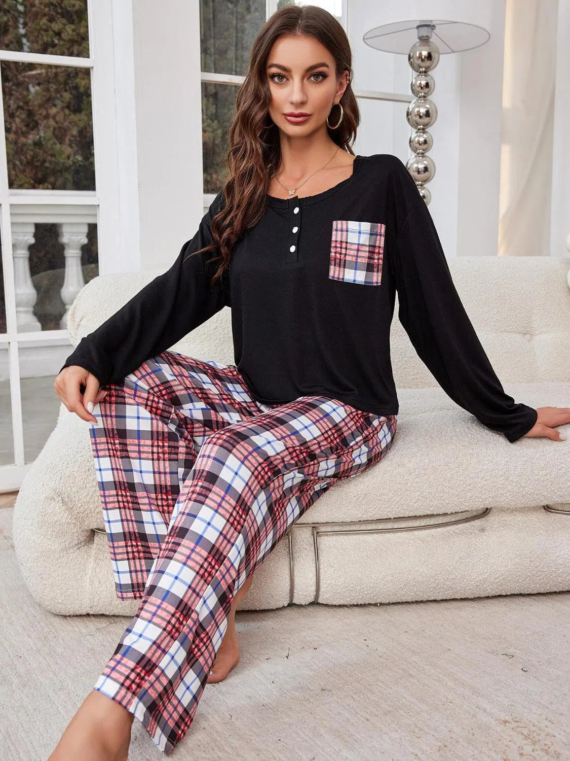 Round Neck Long Sleeve Lounge Set – Cozy & Stylish Plaid Pajamas, [Evelyns Fashion]