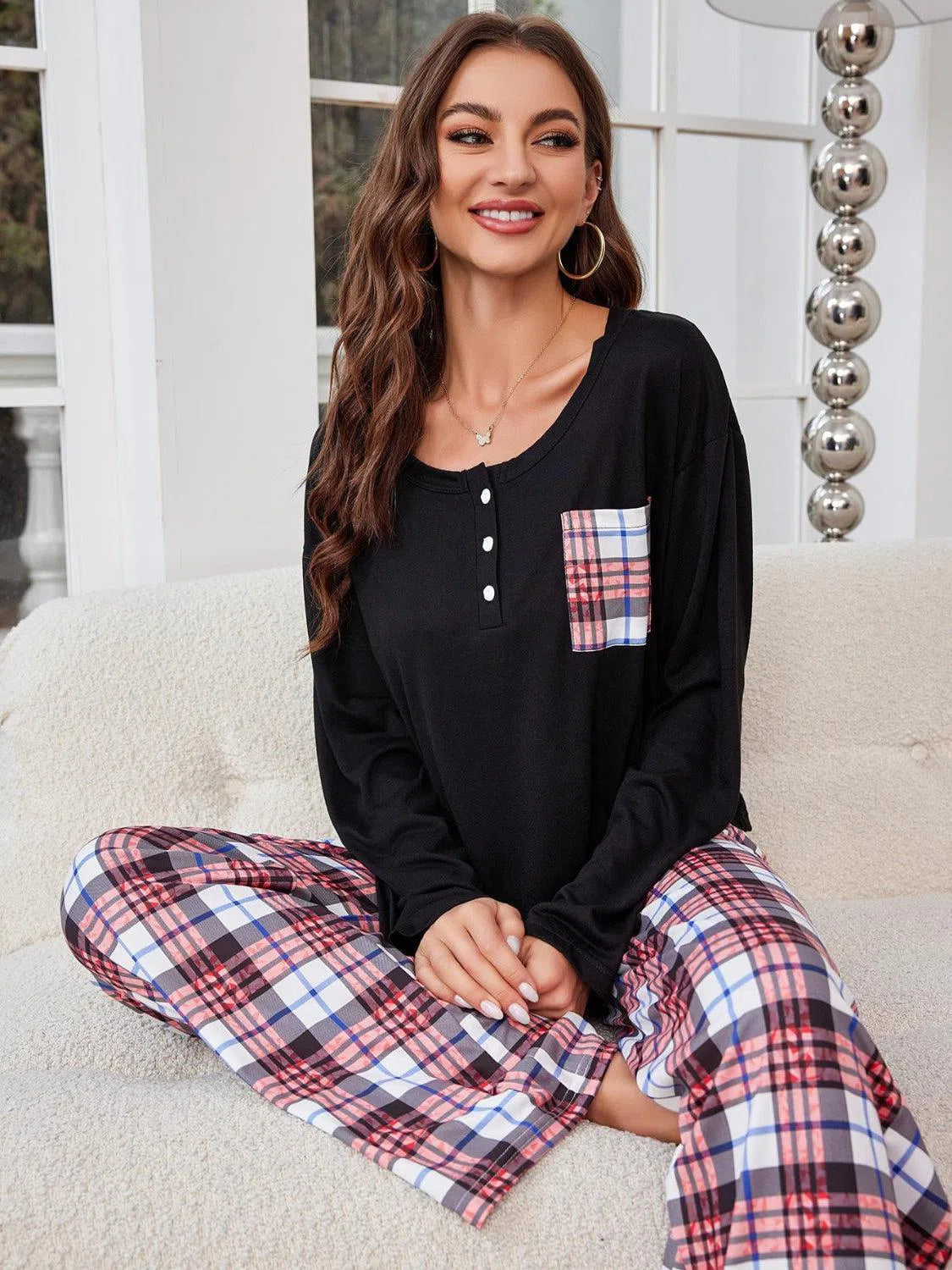 Round Neck Long Sleeve Lounge Set – Cozy & Stylish Plaid Pajamas, [Evelyns Fashion]