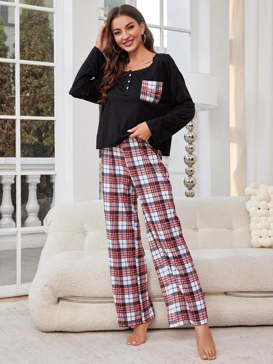 Round Neck Long Sleeve Lounge Set – Cozy & Stylish Plaid Pajamas, [Evelyns Fashion]