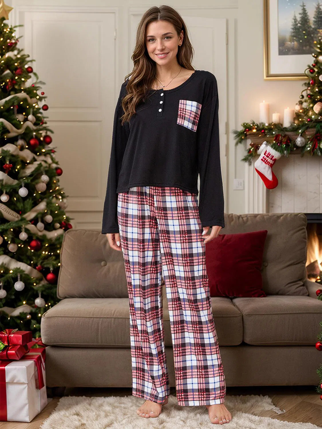 Round Neck Long Sleeve Lounge Set – Cozy & Stylish Plaid Pajamas, [Evelyns Fashion]