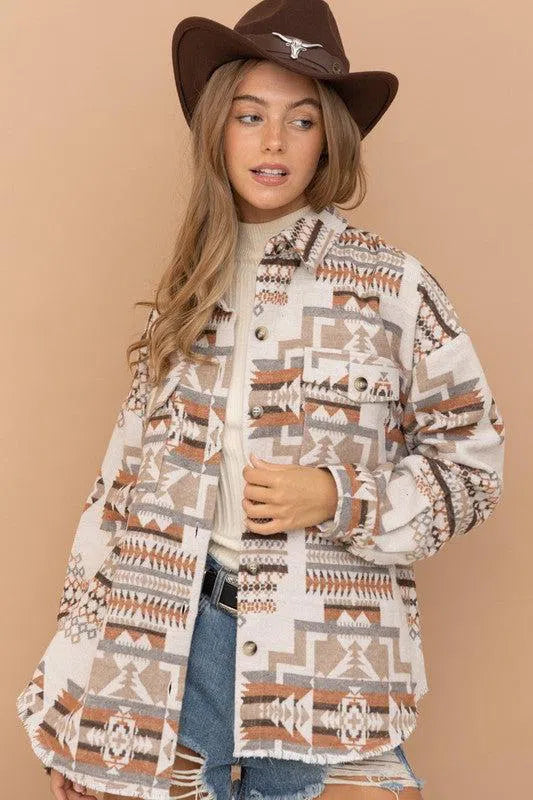 Frayed Aztec Western Shacket – Stylish & Versatile Layering Piece, [Evelyns Fashion]