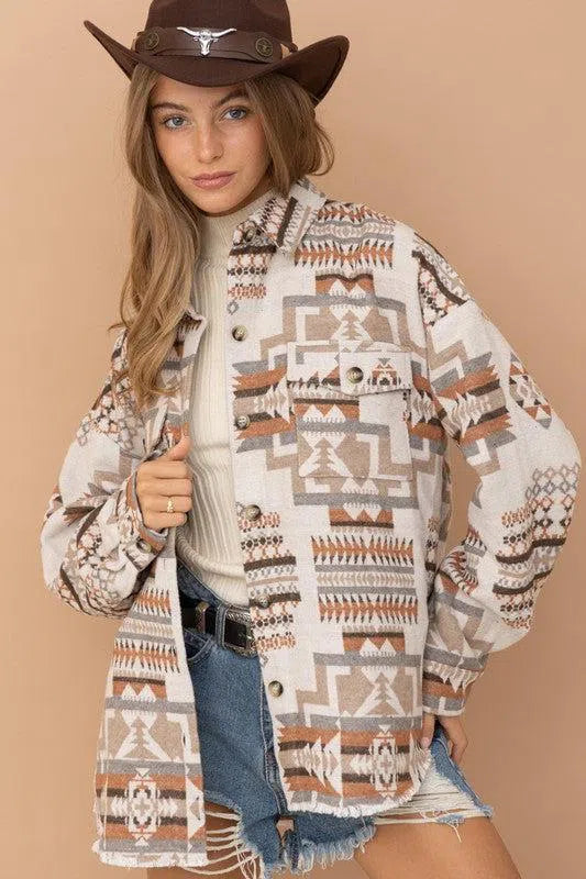 Frayed Aztec Western Shacket – Stylish & Versatile Layering Piece, [Evelyns Fashion]