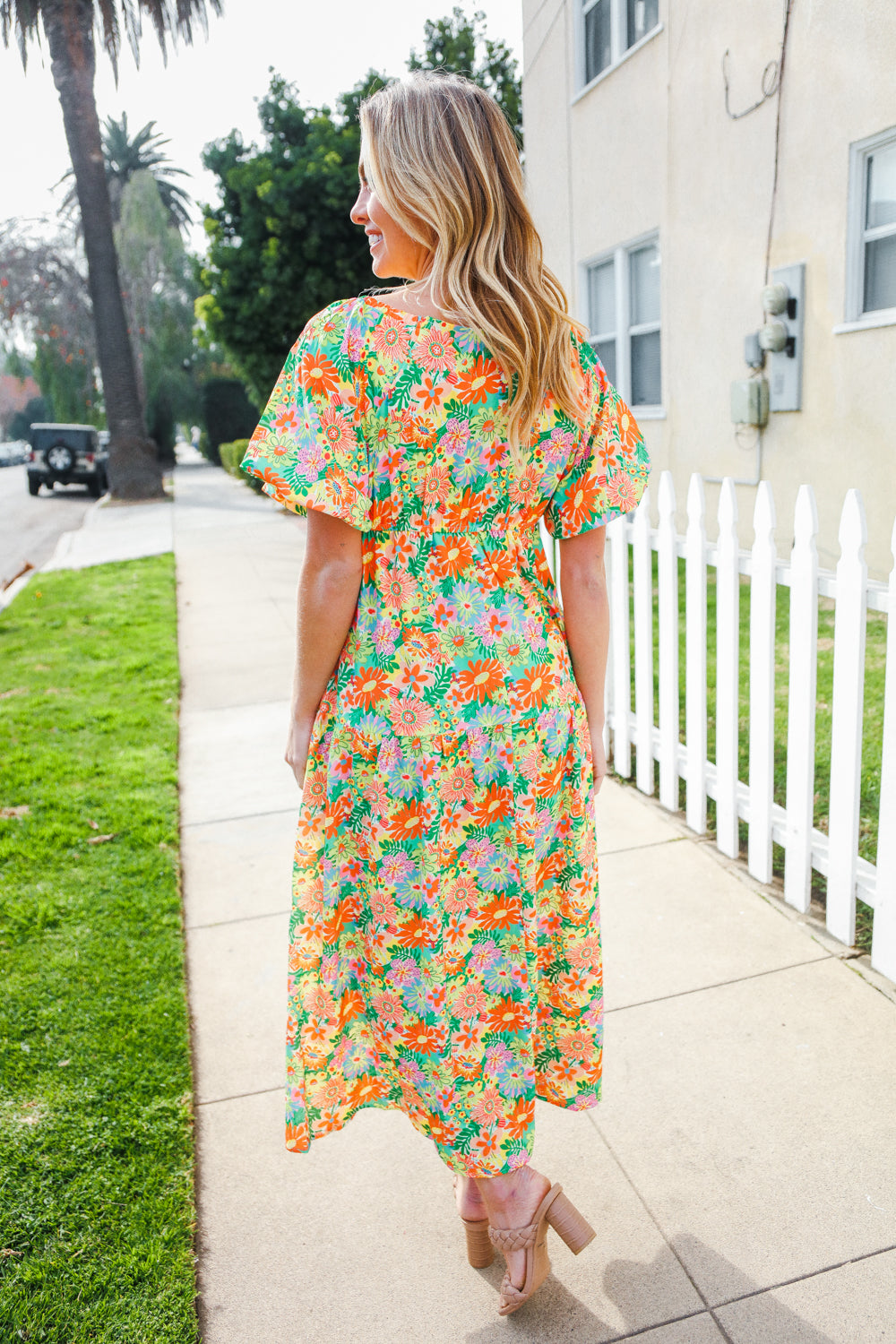 Sage Floral Maxi Dress – V-Neck, Tiered & Elastic Waist, [Evelyns Fashion]