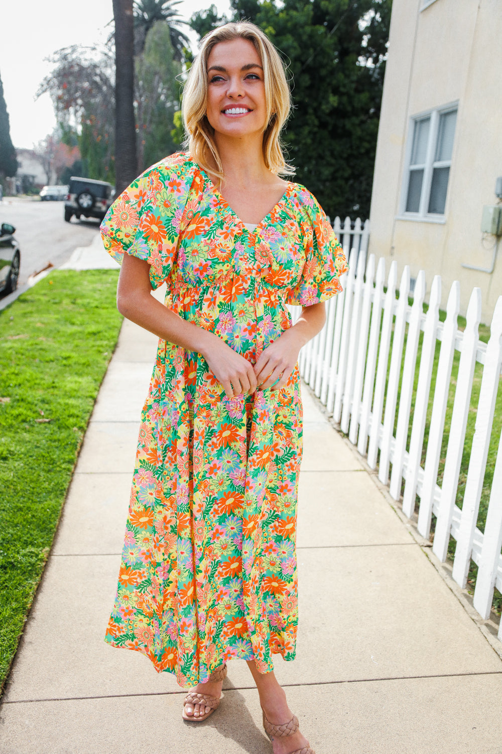 Sage Floral Maxi Dress – V-Neck, Tiered & Elastic Waist, [Evelyns Fashion]