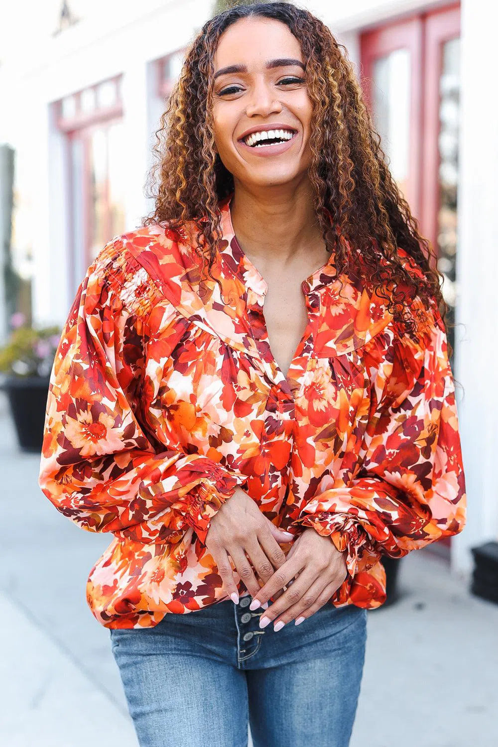 Fall Vibes Rust Floral Satin Top – Elegant & Versatile, [Evelyns Fashion]