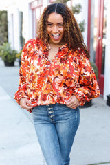 Fall Vibes Rust Floral Satin Top – Elegant & Versatile, [Evelyns Fashion]