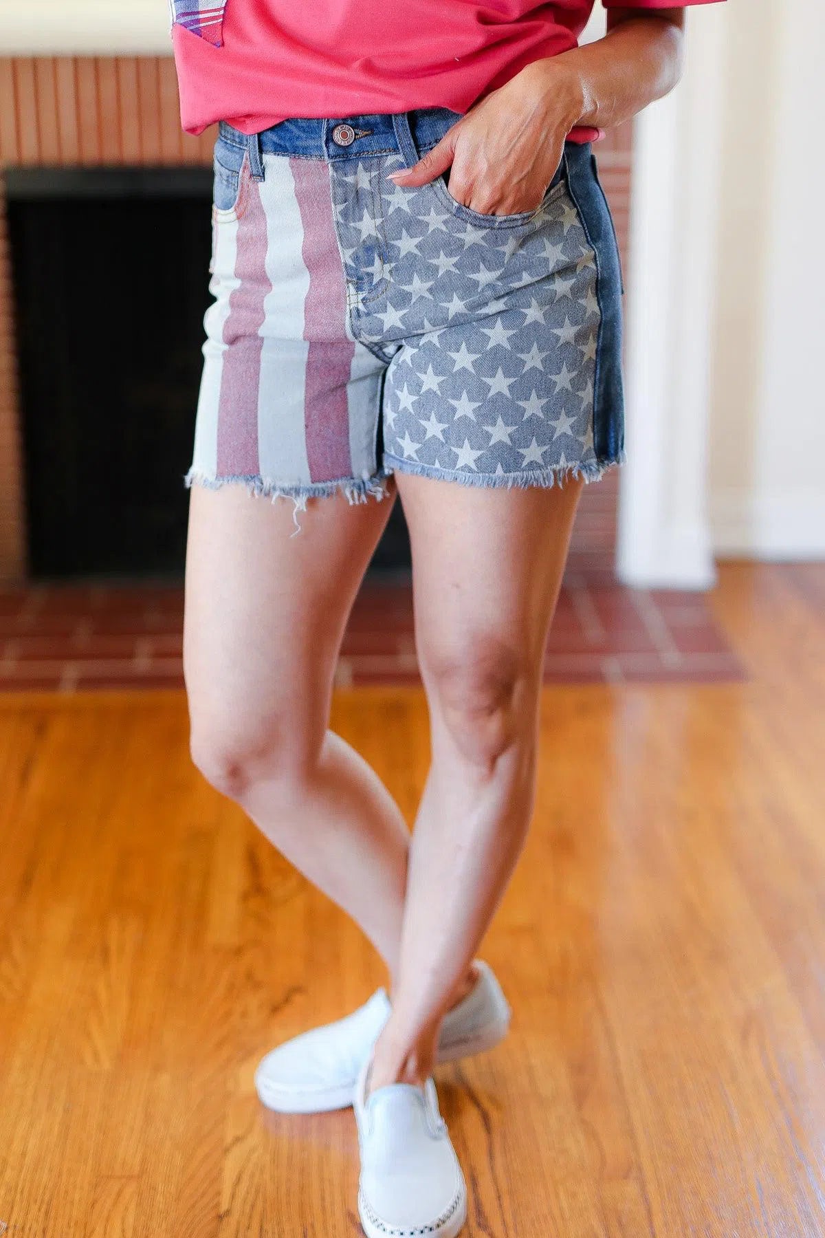 High Rise Denim Shorts with American Flag – Patriotic & Trendy, [Evelyns Fashion]