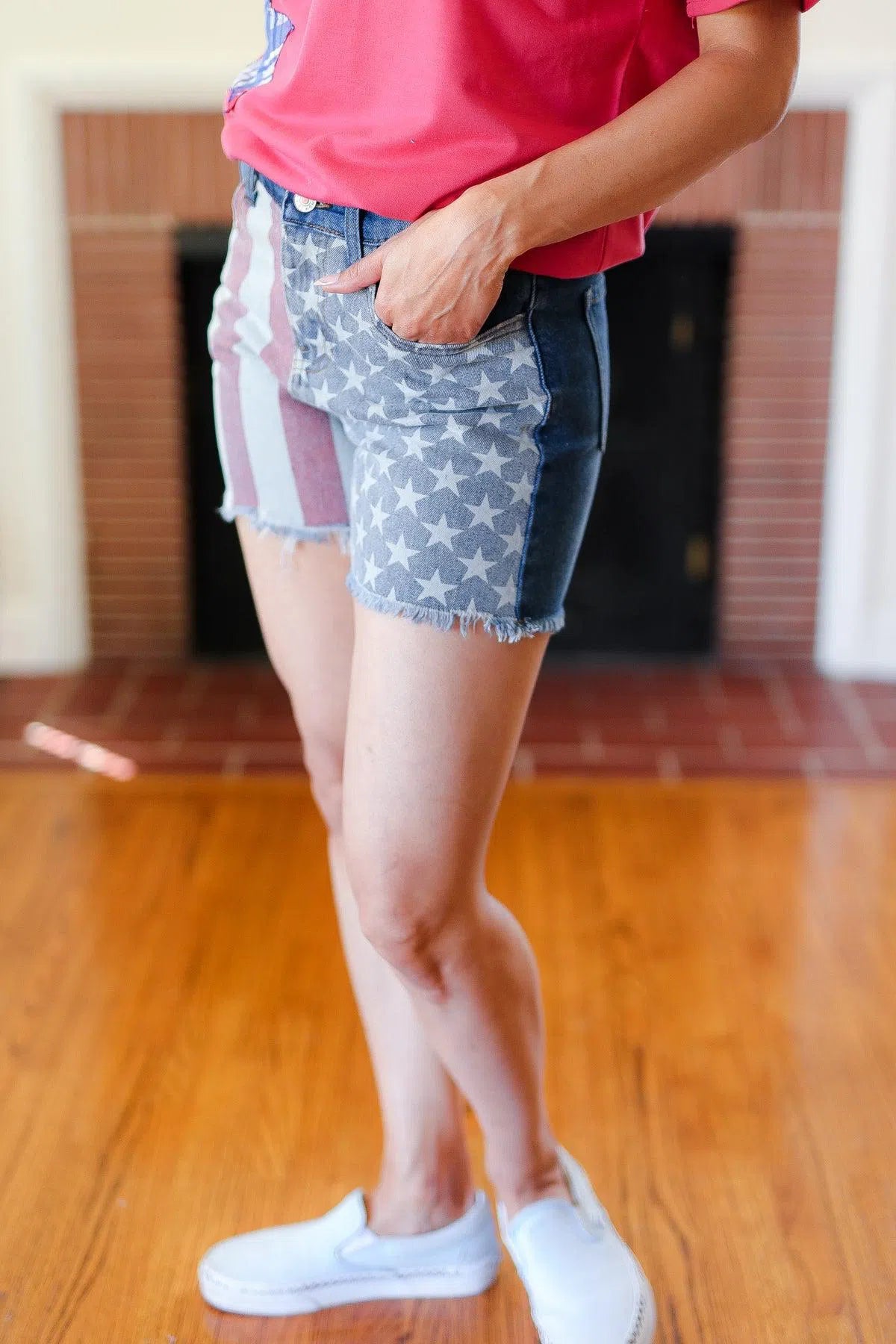 High Rise Denim Shorts with American Flag – Patriotic & Trendy, [Evelyns Fashion]