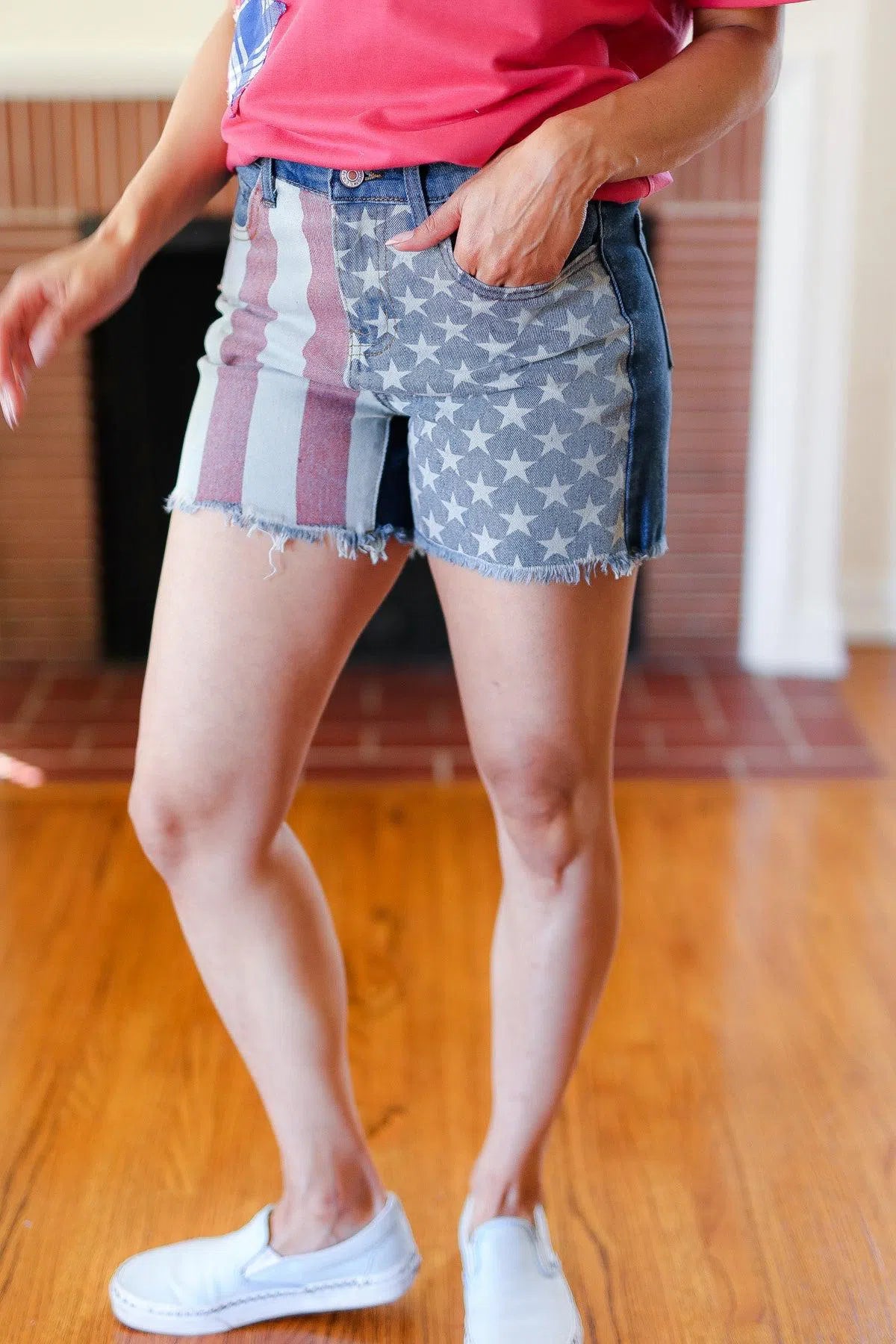 High Rise Denim Shorts with American Flag – Patriotic & Trendy, [Evelyns Fashion]