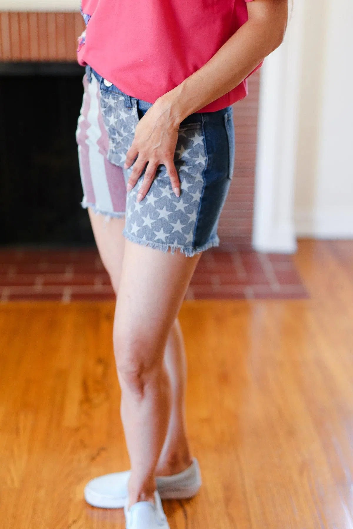 High Rise Denim Shorts with American Flag – Patriotic & Trendy, [Evelyns Fashion]