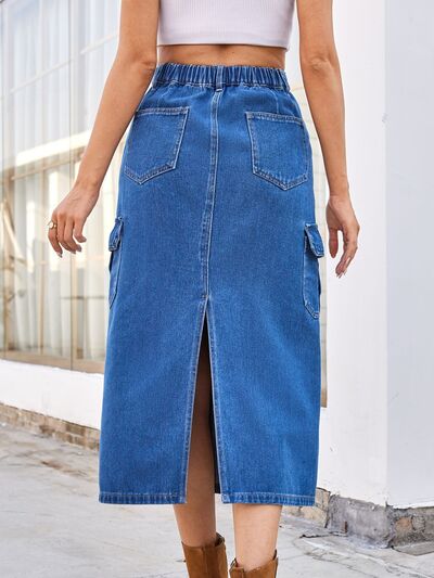 Slit Midi Denim Skirt with Pockets – High-Waisted & Chic Jean Skirt, [Evelyns Fashion]