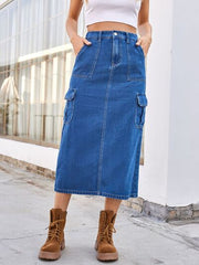 Slit Midi Denim Skirt with Pockets – High-Waisted & Chic Jean Skirt, [Evelyns Fashion]