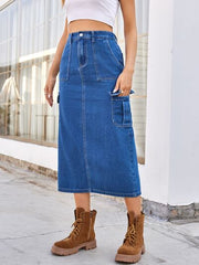 Slit Midi Denim Skirt with Pockets – High-Waisted & Chic Jean Skirt, [Evelyns Fashion]