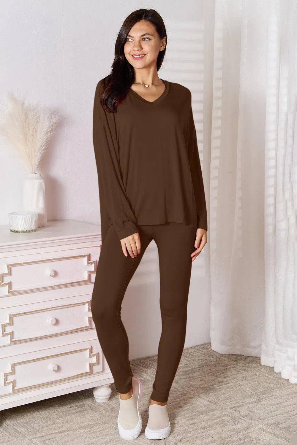 Soft Rayon Long Sleeve Top & V-Neck Pants Lounge Set – Cozy & Stylish, [Evelyns Fashion]