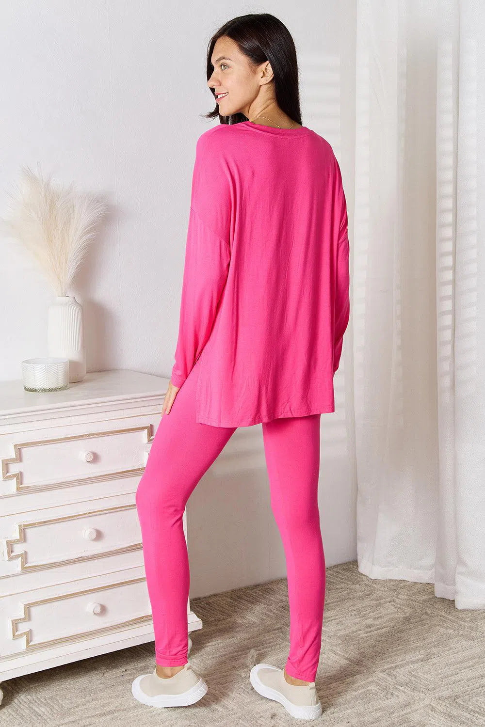 Soft Rayon Long Sleeve Top & V-Neck Pants Lounge Set – Cozy & Stylish, [Evelyns Fashion]