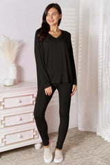 Soft Rayon Long Sleeve Top & V-Neck Pants Lounge Set – Cozy & Stylish, [Evelyns Fashion]