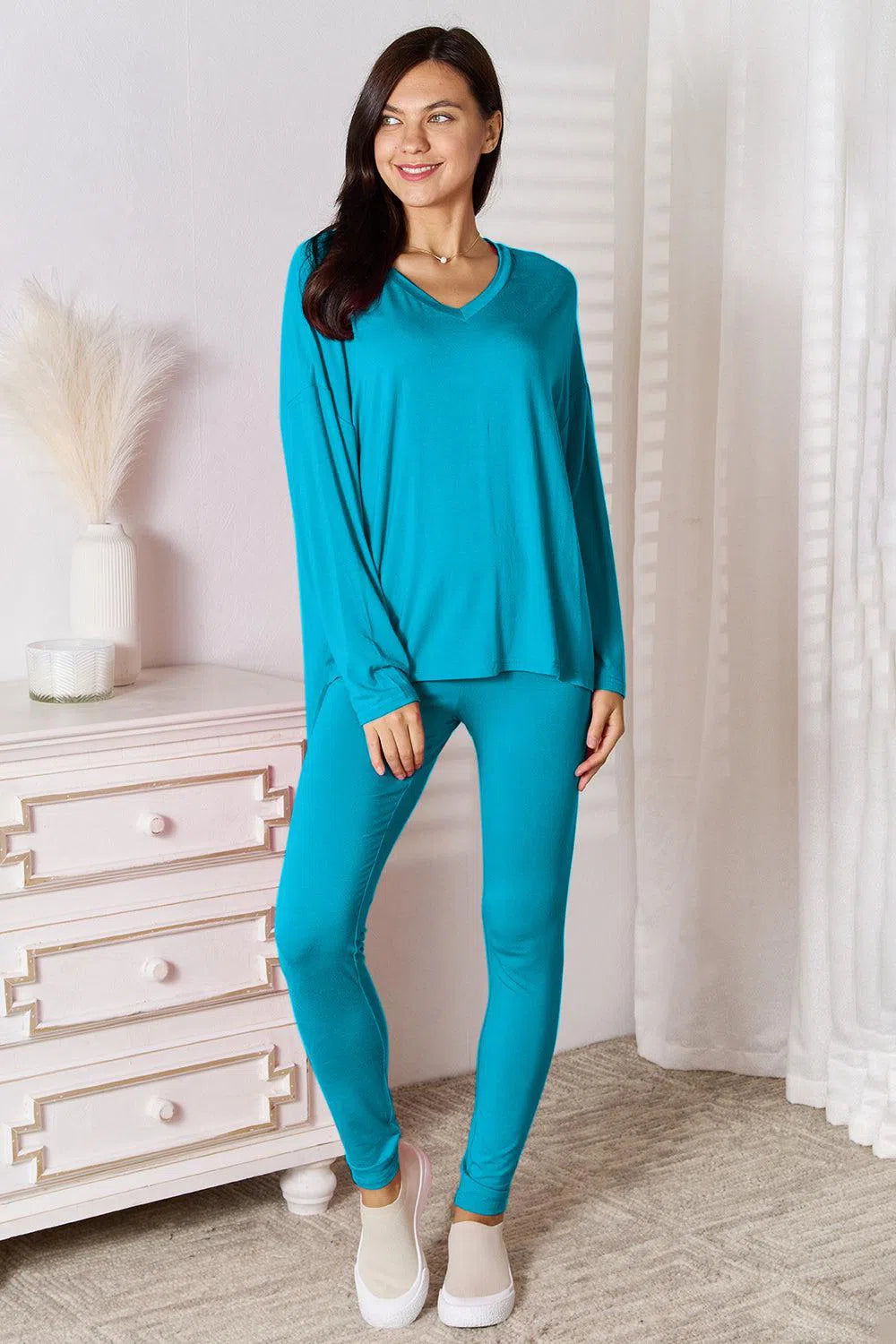 Soft Rayon Long Sleeve Top & V-Neck Pants Lounge Set – Cozy & Stylish, [Evelyns Fashion]