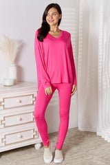 Soft Rayon Long Sleeve Top & V-Neck Pants Lounge Set – Cozy & Stylish, [Evelyns Fashion]