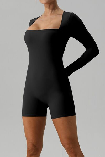 Square Neck Long Sleeve Active Romper – Sculpting & Stylish Fit, [Evelyns Fashion]