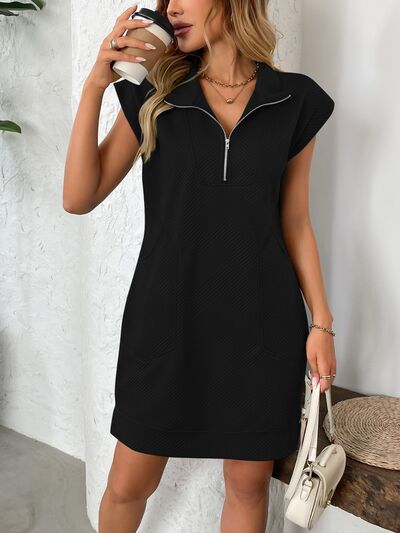 Textured Half Zip Cap Sleeve Mini Dress – Trendy & Casual Chic, [Evelyns Fashion]