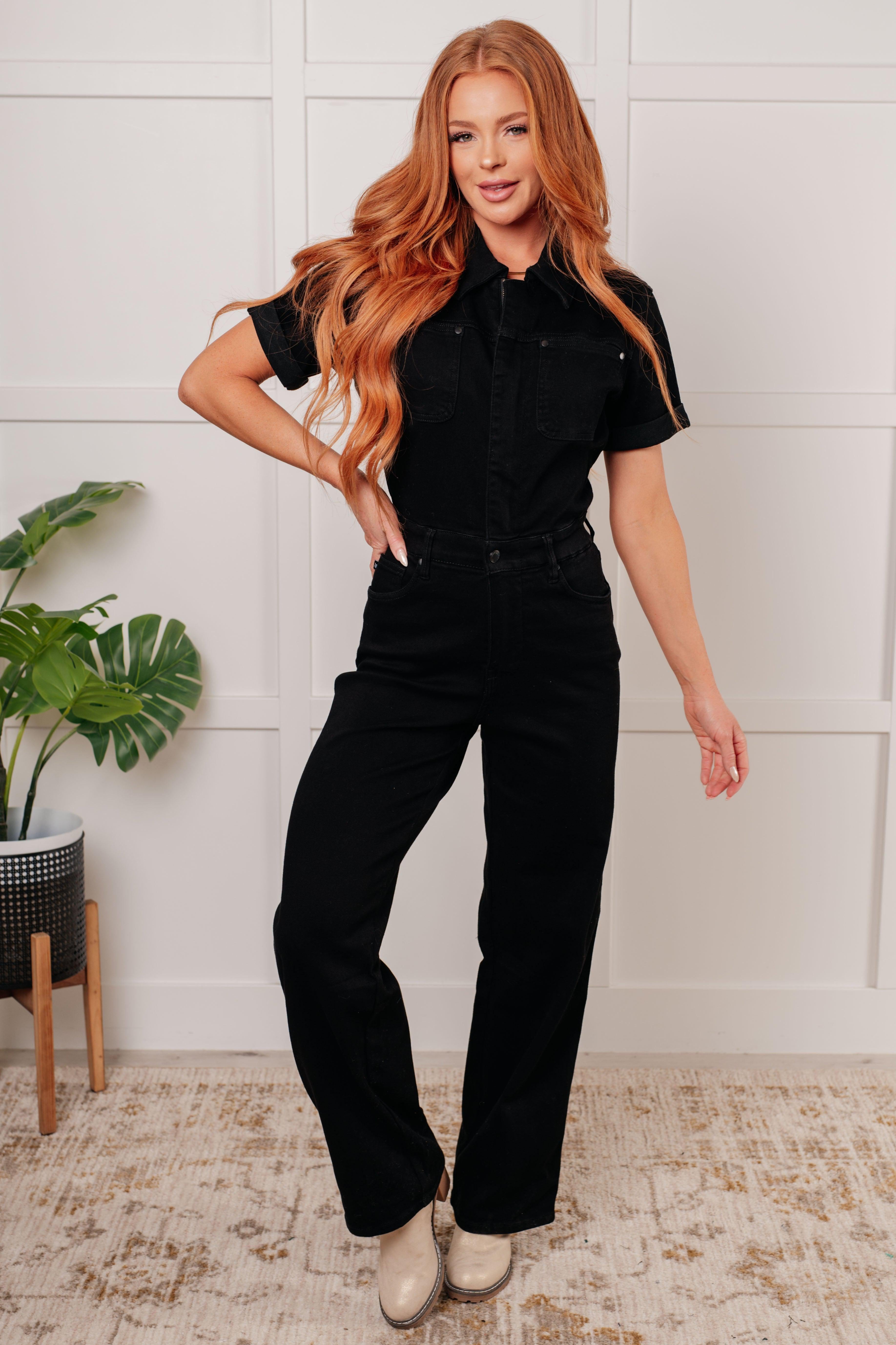 Tilda Short Sleeve Control Top Denim Jumpsuit – Flattering & Chic, [Evelyns Fashion]