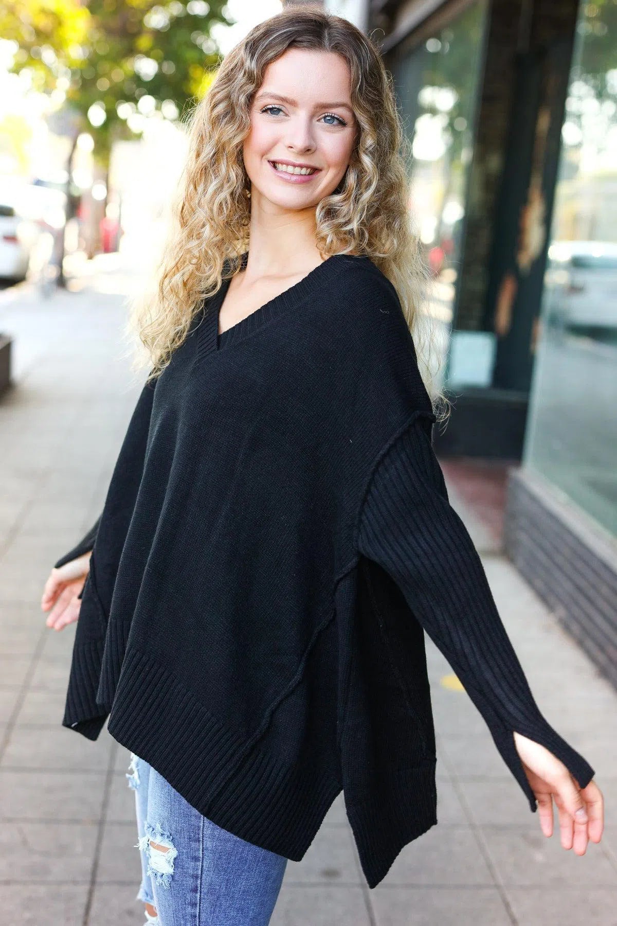 Black Oversized V-Neck Rib Knit Sweater – Timeless & Cozy Style, [Evelyns Fashion]