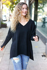 Black Oversized V-Neck Rib Knit Sweater – Timeless & Cozy Style, [Evelyns Fashion]