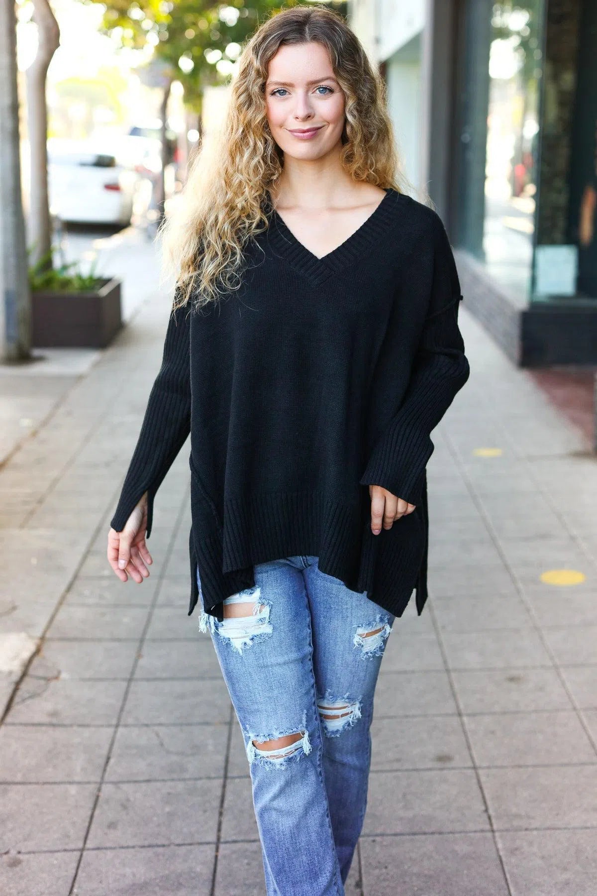 Black Oversized V-Neck Rib Knit Sweater – Timeless & Cozy Style, [Evelyns Fashion]