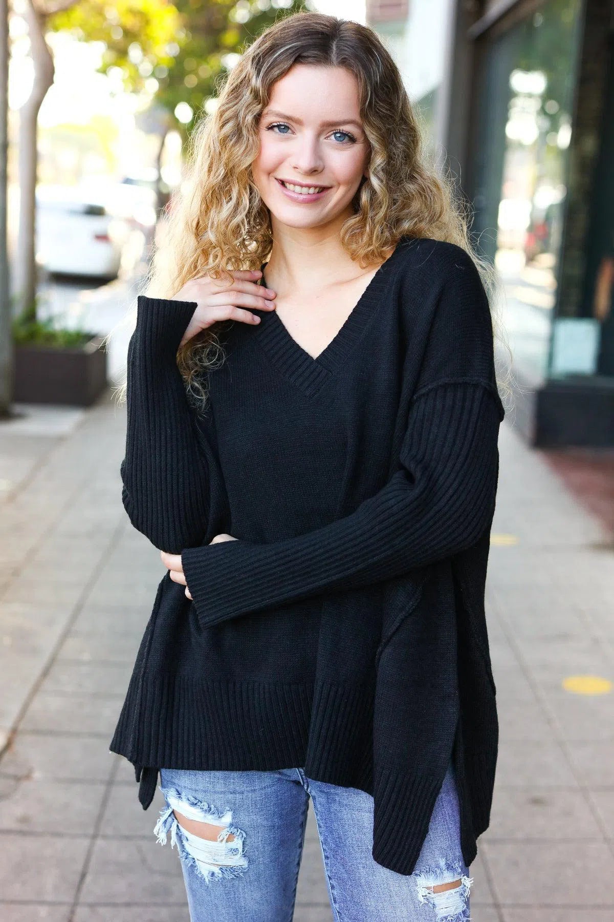 Black Oversized V-Neck Rib Knit Sweater – Timeless & Cozy Style, [Evelyns Fashion]