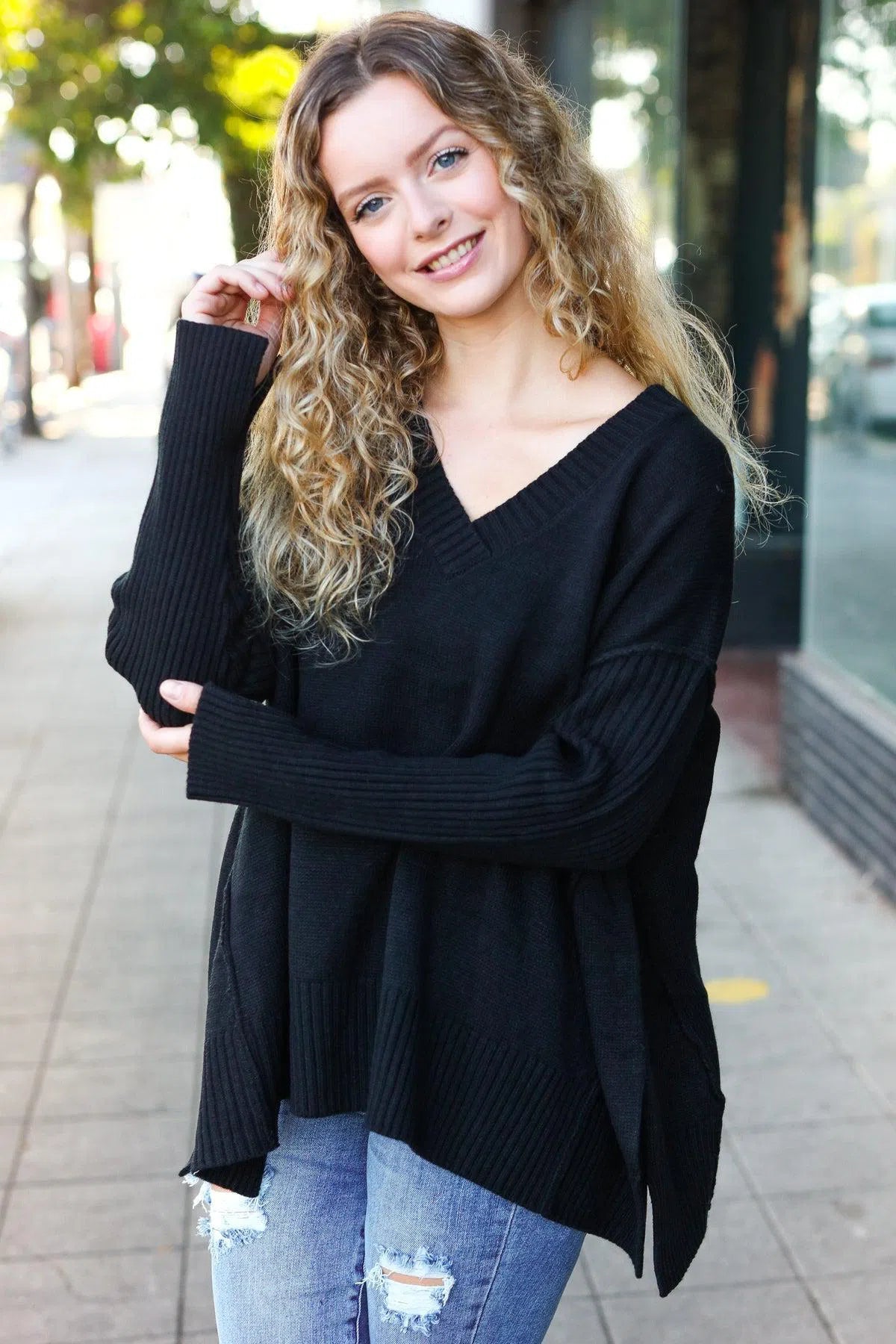 Black Oversized V-Neck Rib Knit Sweater – Timeless & Cozy Style, [Evelyns Fashion]