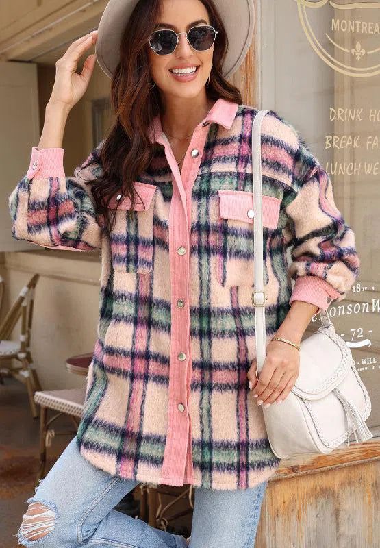 Plaid Corduroy Shacket – Stylish & Cozy Layering Essential, [Evelyns Fashion]