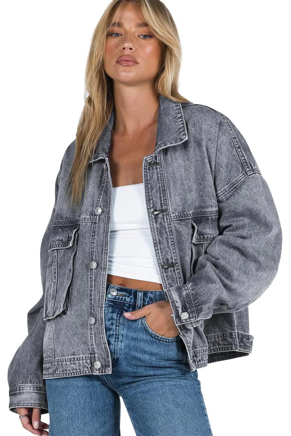 Collared Neck Button Up Denim Jacket – Timeless & Versatile, [Evelyns Fashion]