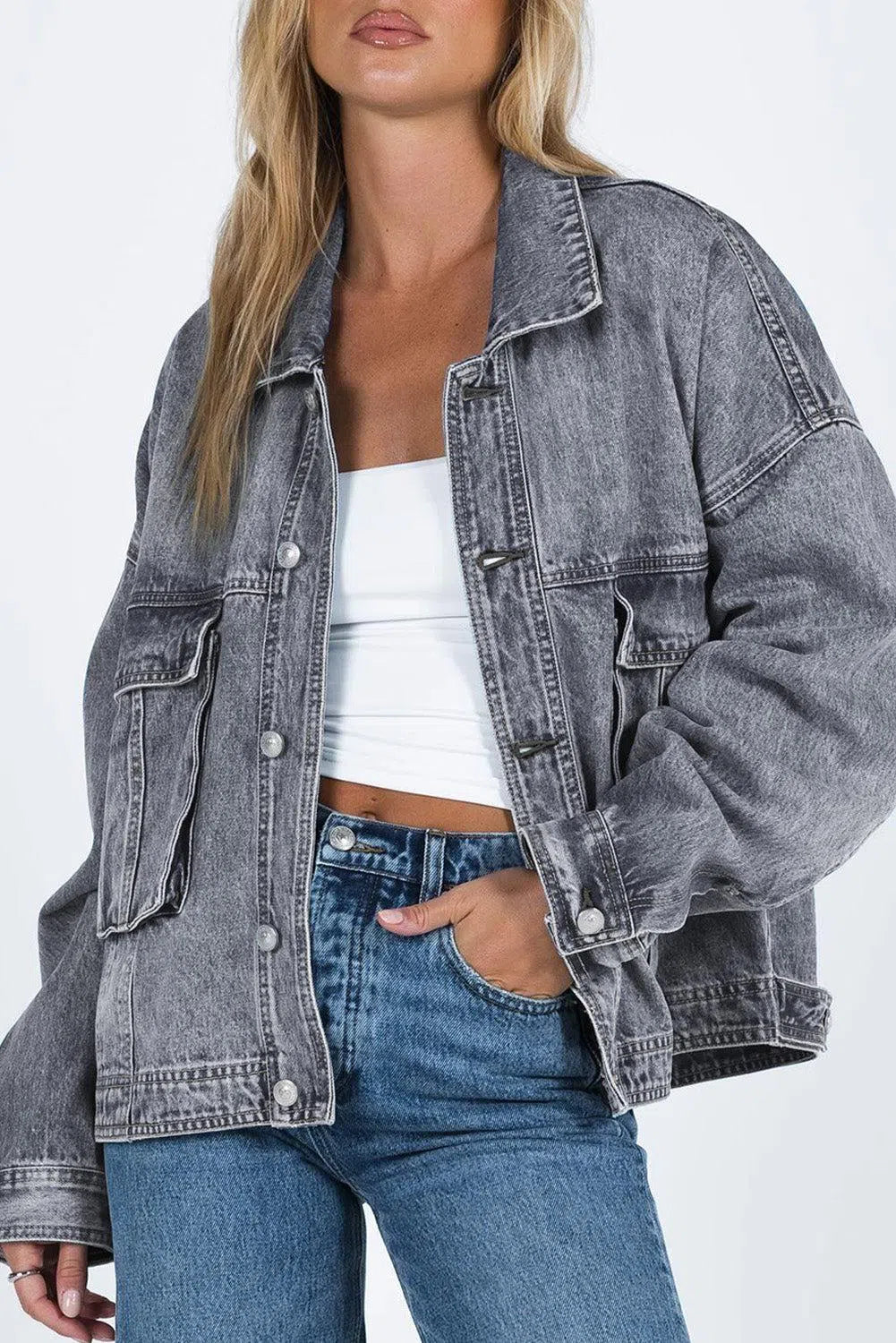 Collared Neck Button Up Denim Jacket – Timeless & Versatile, [Evelyns Fashion]