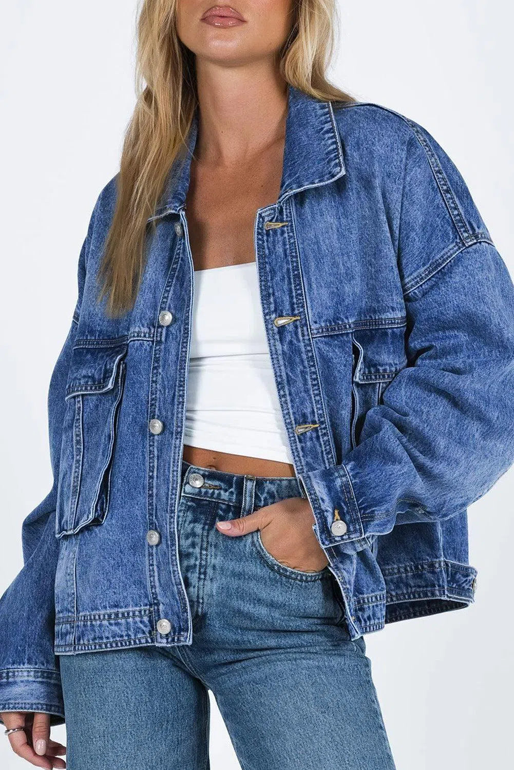 Collared Neck Button Up Denim Jacket – Timeless & Versatile, [Evelyns Fashion]