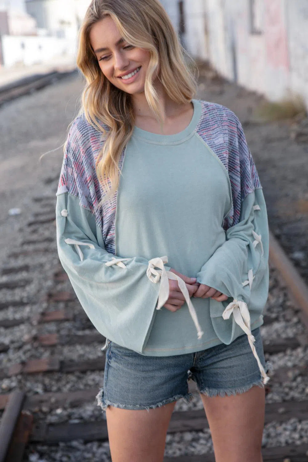 Mint Lace Up French Terry Pullover – Trendy & Cozy, [Evelyns Fashion]